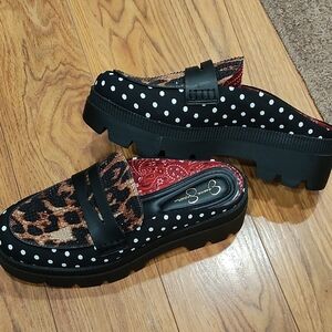 Jessica Simpson Black and Leopard Print Mules with Polka Dots